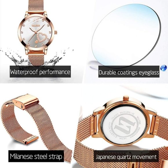 Olevs Rose Gold Mesh Strap Fashion Hearts Quartz Waterproof Watche Bracelet Sets main image 7